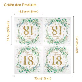Pack of 60 Komoke Birthday Napkins "Happy Birthday" in Eucalyptus Green | Napkins 18th Birthday Decoration for Girls & Boys | Party Table Decoration for Celebrations | Number Design Napkins (33 x 33