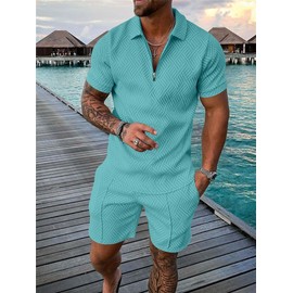 Kubsid Sky Blue S Men Track Suits 2 Piece Set Summer Casual Outfits Fashion Polo Shirts Short Sleeve and Shorts Set Vacation Clothes