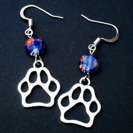 Silver Tone Open Cutout Paw Print Earrings with Millefiori Coin Glass Bead,Cat Dog Animal Lover Gift