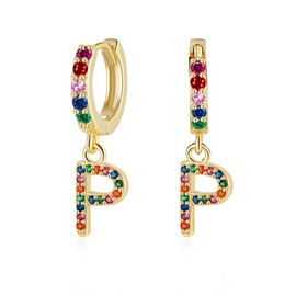 Presentski Silver P Earrings 925 Sterling Silver Girls Small Hoop CZ Dangle P Hoops Earrings for Women