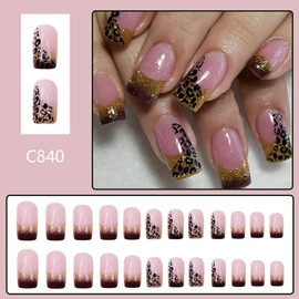 EYZOTSF Press on Nails Square Short Length Acrylic French False Nails with Designs Artificial Square Shaped Fake Nails with Charms Glue ons Fingernails Stick on Nails for Women Girls(C840)