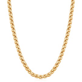 Fiusem Gold Plated Wheat Chain Necklace for Men, 4mm Gold Stainless Steel Necklace Chains for Men and Women 22 Inch
