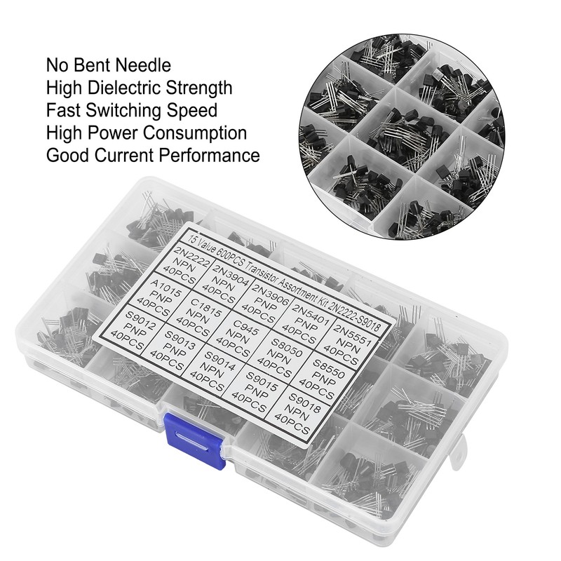 600 Pcs Transistors Assortment Kit NPN TO-92 PNP 2N2222-S9018 Straight