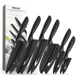 hecef Black Kitchen Knife Set of 6, Dishwasher Safe, Sharp Knives with Stainless Steel Blade, Lightweight Handle, Non-stick Coating Set Includes 7", 5", 3.5" Knives