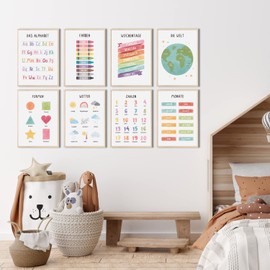 MeinBaby123® Educational Learning Posters | Pictures for Children's Room | Set of 8 A4 Poster Set | Alphabet ABC, Numbers | Preschool, Primary School | Wall Poster Premium (Learning Posters - Set of