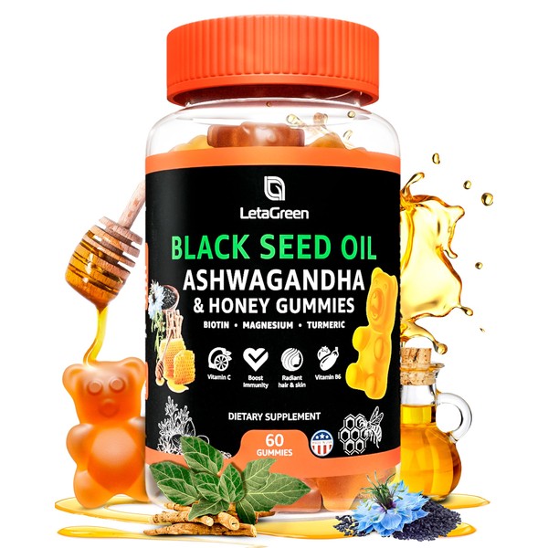LetaGreen Black Seed Oil Gummies - 60 Vegan Nigella Sativa Black Seed Oil Bears with Ashwagandha Extract & Honey - Thyroid, Immune Support & Keto Detox – Chewable Black Seed Oil Gummies for Adults