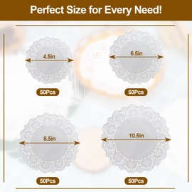 200 Pack Round Paper Doilies White Assorted Sizes 4.5/6.5/8.5/10.5 Inch Lace Cupcake Liners, Greaseproof Dessert Plate Mats for Wedding, Party, DIY Crafts (Snowflakes, Gift Wrapping)