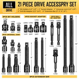BOEN 21 Piece 1/4" & 3/8" & 1/2" Drive Tool Accessory Set, Includes Socket Adapters, Extension Bars, Swivel Universal Joints, Impact Bit Holders and 1/4" Hex Shank