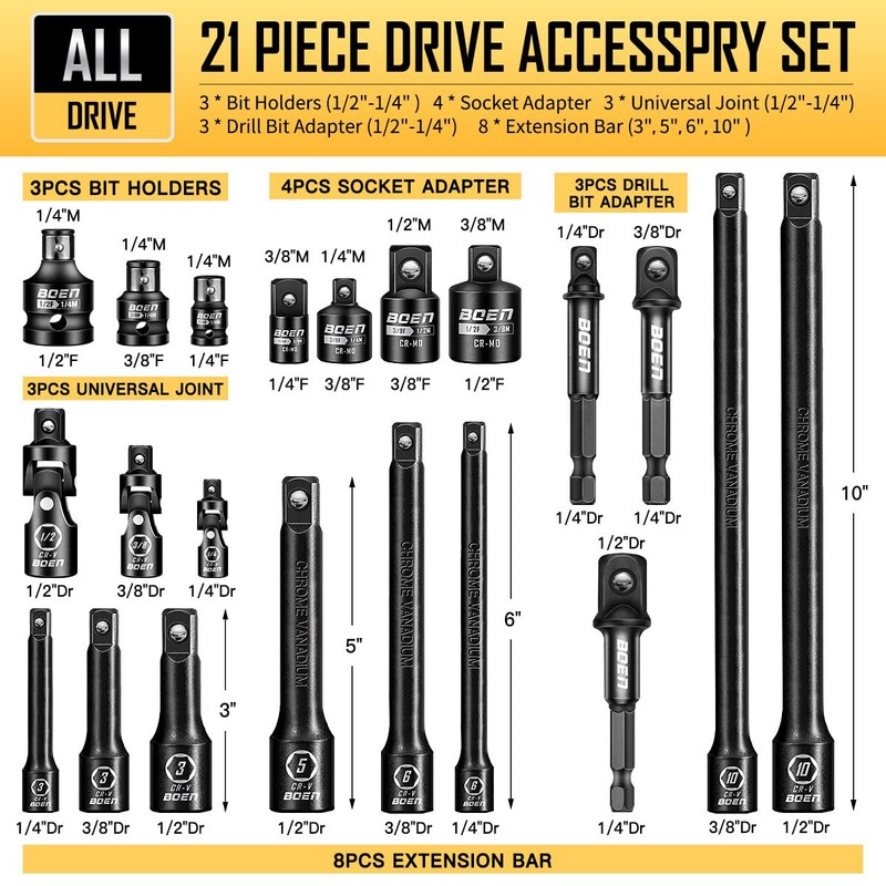BOEN 21 Piece 1/4" & 3/8" & 1/2" Drive Tool