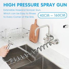 Wall Mount Kitchen Faucet with Flexible Hose Sprayer 6 Center Kitchen Faucets Stainless Steel Commercial Utility Sink Faucet Wall Mounted Kitchen Faucet (W-004P)