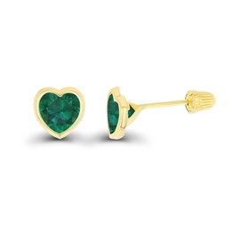 Solid 14K Yellow Gold 4mm Heart Shaped Created Green Emerald May Birthstone Bezel Screw Back Stud Earrings