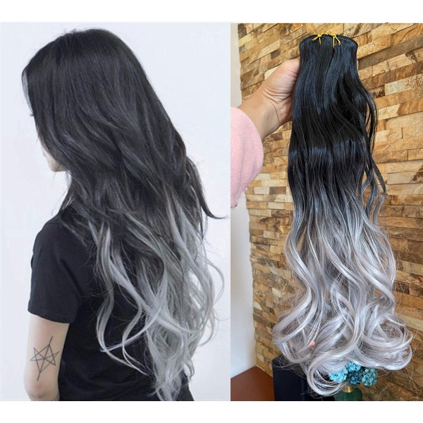 20 Inches Full Head Ombre Dip Dyed Loose Curls Wavy Curly Clip-in Hair Extensions 6pcs Pack (natural black to grey)