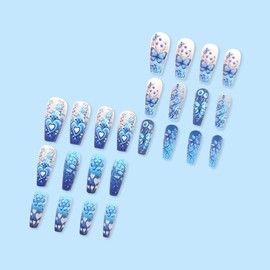 Blue Press on Nails with Flower Designs French Fake Nails Spring Square Press on Nails Floral Butterfly Pattern Glue on Nails Medium Length Matte Blue Acrylic Full Cover Stick on Nails for Women 24PCS