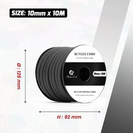 Abma Cord Bungee Cord 10mm 10M Elastic Shock Cord 100% Stretch Elastic Bungee Rope for Tarpaulin, Trailer, Backpack, Tent Pole, Kayak - Black