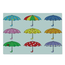 Lunarable Colorful Cutting Board, Rainbow Umbrellas with Ornate Polka Dot Butterfly Star Ladybug Planet Patterns, Decorative Tempered Glass Cutting and Serving Board, Large Size, Multicolor