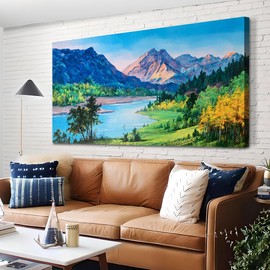 Ardemy Nature Mountain Canvas Wall Art Landscape Painting for Living Room Blue Ridge Picture Bedroom Panoramic Creek Scenery Artwork Framed Large Size for Home Office Wall Decor 48"x24"
