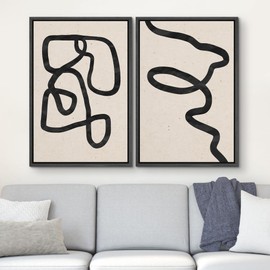 Ashbrook Framed Canvas Print Wall Art Set Geometric Line Art Collage Abstract Shapes Illustrations Modern Art Decorative Boho Zen Nordic for Living Room, Bedroom, Office - 24"x36"x2 Black