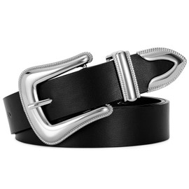XZQTIVE Women's Leather Belt for Jeans Pants Dresses Fashion Ladies Western Leather Belt Silver Buckle, Black