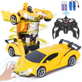 Highttoy Remote Control Cars for Kids Age 3-12, Transforming Robot Car Toy with Gesture Sensing, Lights and Sound 360° Rotation 2.4GHz 1:18 Transformable RC Robot Toy Vehicle Gifts for Kids Yellow