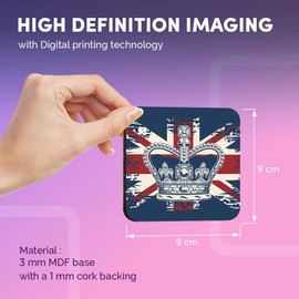 Destination Vinyl ltd Great Coasters (Set of 4) Square - British Crown Monarchy Queen UK Flag Drink Glossy Coasters/Tabletop Protection for Any Table Type #14860