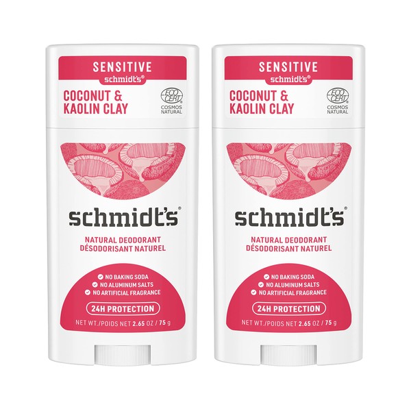 Schmidt's Aluminum Free Natural Deodorant For Women And Men, Coconut & Kaolin Clay With 24 Hour Odor Protection, Certified Natural, Cruelty Free, Vegan Deodorant 2.65oz 2 Pack