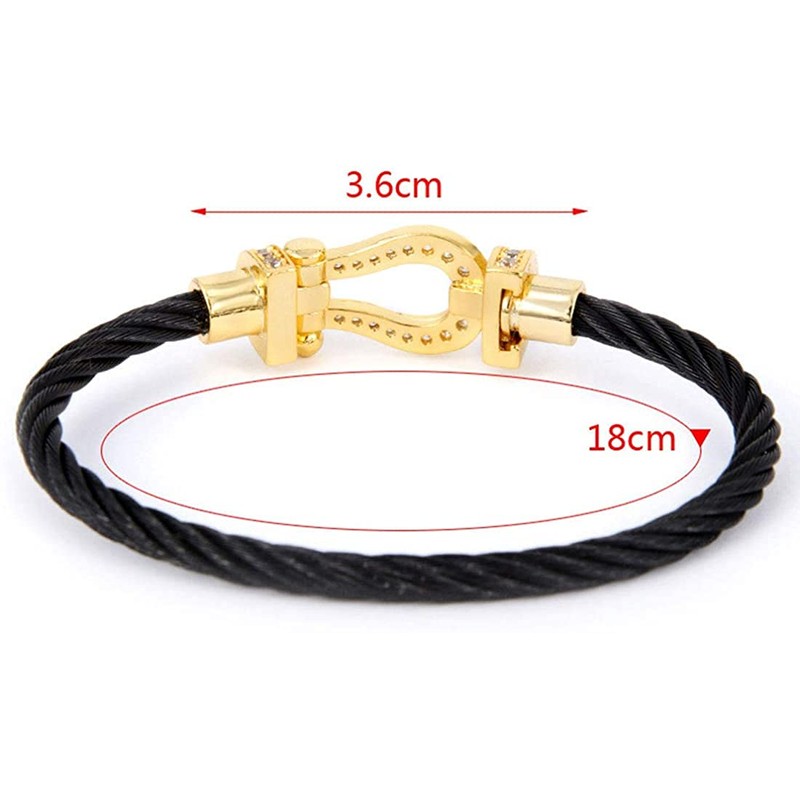 Deelfel Men's Women's Horseshoe Bracelet, Black, Silver, Stainless Steel, Zirconia,