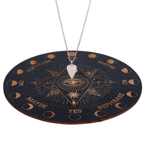 INFUNLY Witch Pendulum Board Eyes Runes Wooden Dowsing Rod Planchette Board 7.9 Inch Metaphysical Message Board with Pendulum Crystal Necklace for Beginners Witchcraft Altar Supplies
