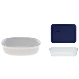 Corningware FS2 2.5 qt / 2.35 L Oval French White Casserole Dish and Pyrex 7210 3 Cup Glass Container with Blue Lid