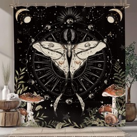 Yookeb Moth Butterfly Moon Phase Mushroom Bathroom Shower Curtain 60W by 71H Inch Black Cottagecore Moonlit Night Mysterious Witchy Cryptid Plant Gothic 12 Plastic Hooks Waterproof Decor