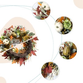 Bibelot Hello Fall Wreath 20’’ Autumn Front Door Wreath, Harvest Wreath with Various Pumpkin Cluster of Berries Maple Leaves Pine Cones for Outside Indoor Wall Thanksgiving Fall Autumn Decor