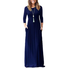 WNEEDU Maxi Dress for Women 3/4 Sleeve Dress Women's Long Autumn Winter Dress Casual Long Dresses Maxi Elegant with Pockets, navy blue