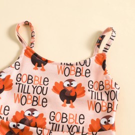 Noubeau Toddler Kids Baby Girl Thanksgiving Outfits Turkey Bell-Bottom Romper Sleeveless Sling Jumpsuit, Pink, 4-5T