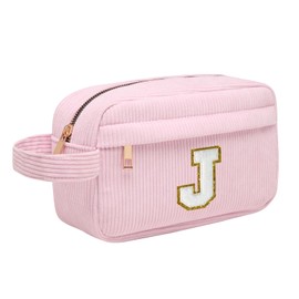 Initial Makeup Bag, Corduroy Cosmetic Bag, Travel Toiletry Bag with Metal Zip, Portable Makeup Bag for Women, Organiser, Christmas Birthday Gifts for Women, Girls, Pink, J
