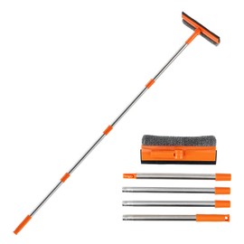 Professional 2 in 1 Window Squeegee with 68" Long Stainless Steel Handle,Microfiber Cloth and Rubber Car Window Squeegee for Gas Station, Glass,Shower,Outdoor High Window Cleaning