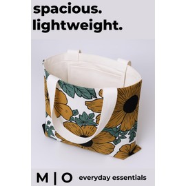 Melanzy Organics Aesthetic Canvas Tote Bag with Inner Pockets | Reusable Cotton Shoulder Bag for Women & Girls – Cute & Functional for Grocery, Shopping, Work (Large Flowers)