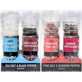 Soeos Black Peppercorns + White Sea Salt + Rainbow Peppercorns + Pink Salt, 10.6oz (300.50g), Salt and Pepper Set, Spice Grinder Set, Spice Set