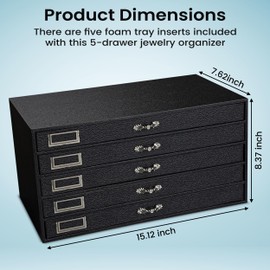 Novel Box 5 Drawer Black Jewelry Display 15.12X8.37X7.62 + Small 50 Gems Jars Each Tray, Total 250 Jars | Glass Jewelry Tray Foam Sheet | Glass Rock Storage Box