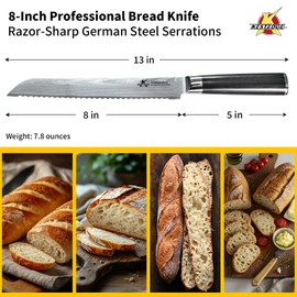 KESTEDGE Serrated Bread Knife 8 Inch VG10 Damascus for Homemade Sourdough