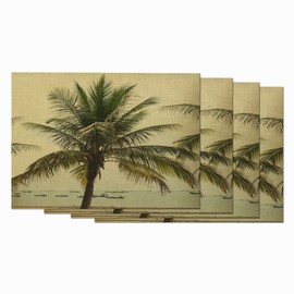 Zaueky Palm Leaf Place Mat Set of 4 Summer Seaside Palm Trees Nature Beautiful Tropical Plant Cotton Linen Placemats Non-Slip Washable Table Mats 12X18 Inches
