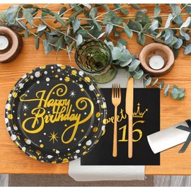 AMNAMN 16th Birthday Party Supplies Disposable Tableware Napkins and Plates,Black and Gold Napkins and Plates Set for 16th Girl Birthday Party Decoration Service 20