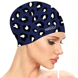 Marsolly Swim Cap Women, Silicone Swimming Cap for Long Hair with Leopard Printed Navy
