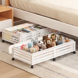 Under Bed Storage with Wheels-Large Bamboo Underbed storage Containers with Large Dust Bag Stackable Under the Bed Shoe Storage Bins for Clothes Books Bedding and toy storage Space Saving