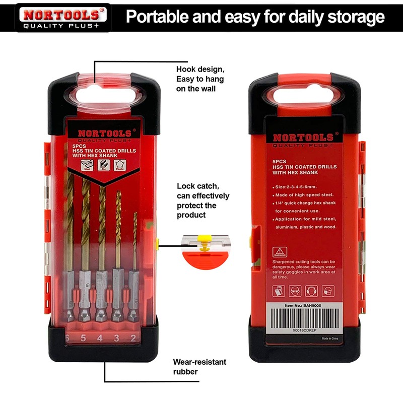 NORTOOLS 5 Pieces HSS Roll Forged Titanium Twist Drill Bit