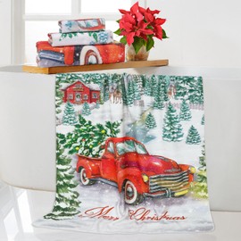 3 Pcs Christmas Bath Towel Set with Bath Towels, Hand Towel and Wash Cloth, Red Truck Winter Snow Towel Set of 3 for Bathroom, Absorbent Microfiber Beach Towels Oversized Adults, Christmas Decorations