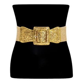 RHOUGAIN Gold Belt for Women Glitter Wide Waist Elastic Stretch Belt Shiny Sparkly Fashion Trendy Dress Belt for Jeans Pants Gold L