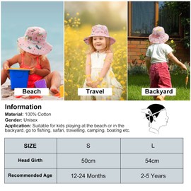 JUPSK Kids Bucket Hat, Unisex Child Summer Hat Wide Brim Sun Protection Hat, Foldable Beach Cap with Adjustable Chin Strap UPF 50+ Outdoor Play Hat for Baby Boys Girls Infant Kids Toddler Pink