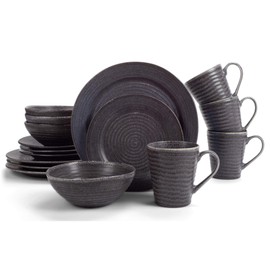 Elanze Designs Modern Chic Ribbed Ceramic Stoneware Dinnerware 16 Piece Set - Service for 4, Charcoal Grey