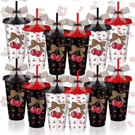 Skylety 12 Pack Reusable Cheetah Cherry Plastic Tumbler with Lids and Straws 24 oz Red and Black Leopard Print Themed Party Cups with Ribbon for Birthday Baby Shower Wedding Party Favors(Classic)