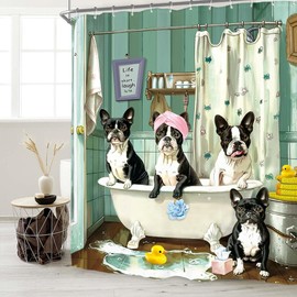 Miyotaa Funny Dog Bulldog Shower Curtain Set 60Wx71H Inches Retro Vintage Rustic Turquoise Teal Country Hilarious Pet Kids Waterproof Bathroom Curtain with 12 Hooks