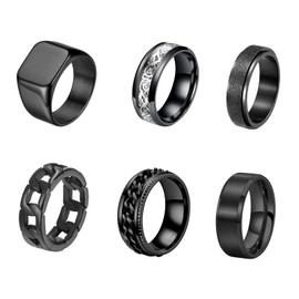 GUSXPPD Pack of 6 Stainless Steel Men's Rings Black Matt Polished Band Rings Bottle Opener Ring Wedding Ring Engagement Rings Vintage Biker Ring Engagement Rings for Men, Natural stone, No Gemstone
